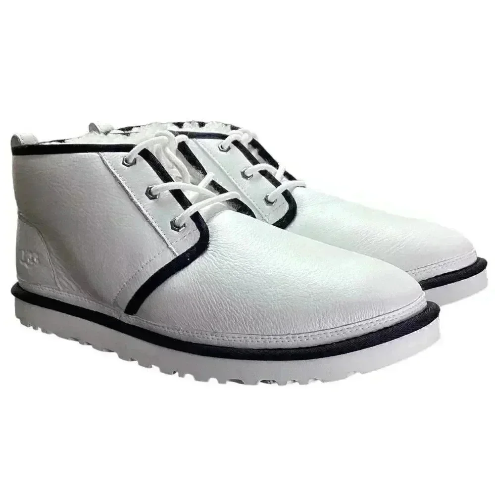UGG Chukka Boots Shoes Mens 12 Black White Neumel Leather Sheepskin Lace Up NEW